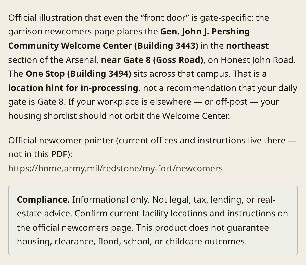 A passage from Module 02, Redstone in one map, as a buyer reads it: the Welcome Center location as the garrison newcomers page states it, the official newcomers link written out in full, and the compliance note under it.
